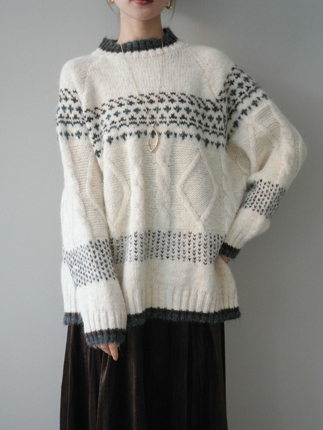 [予約]裾配色ノルディック柄ニットプルオーバー/White