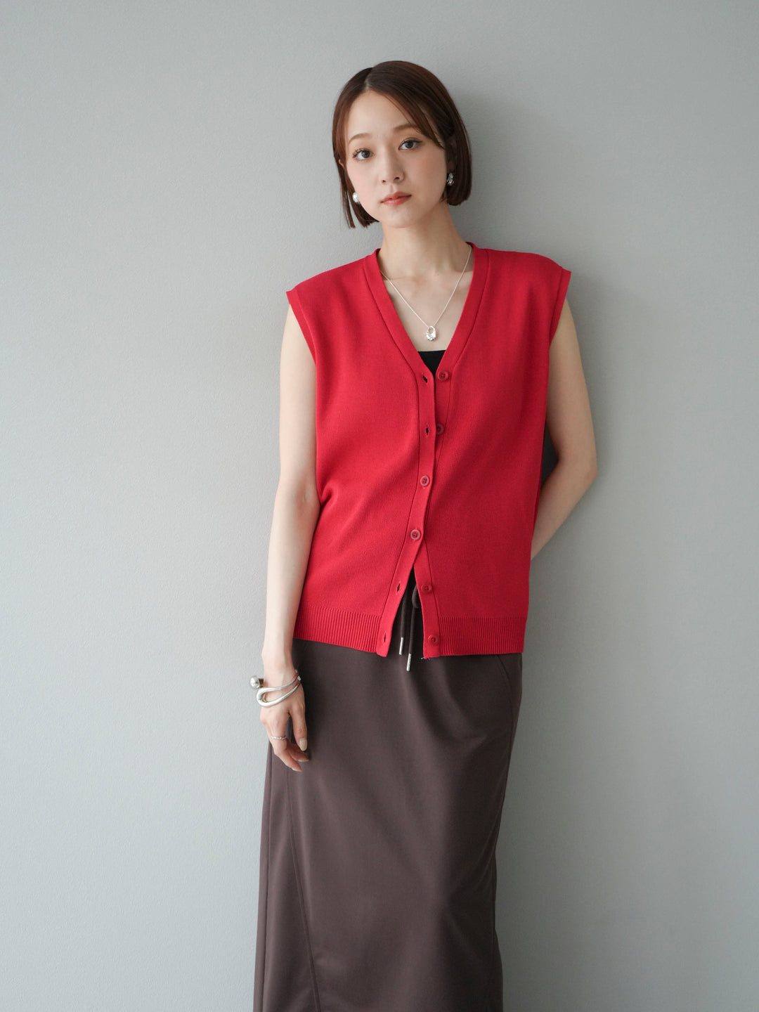 [SET]Vネックレーヨンニットベスト+スウェットロングスカート(2set)