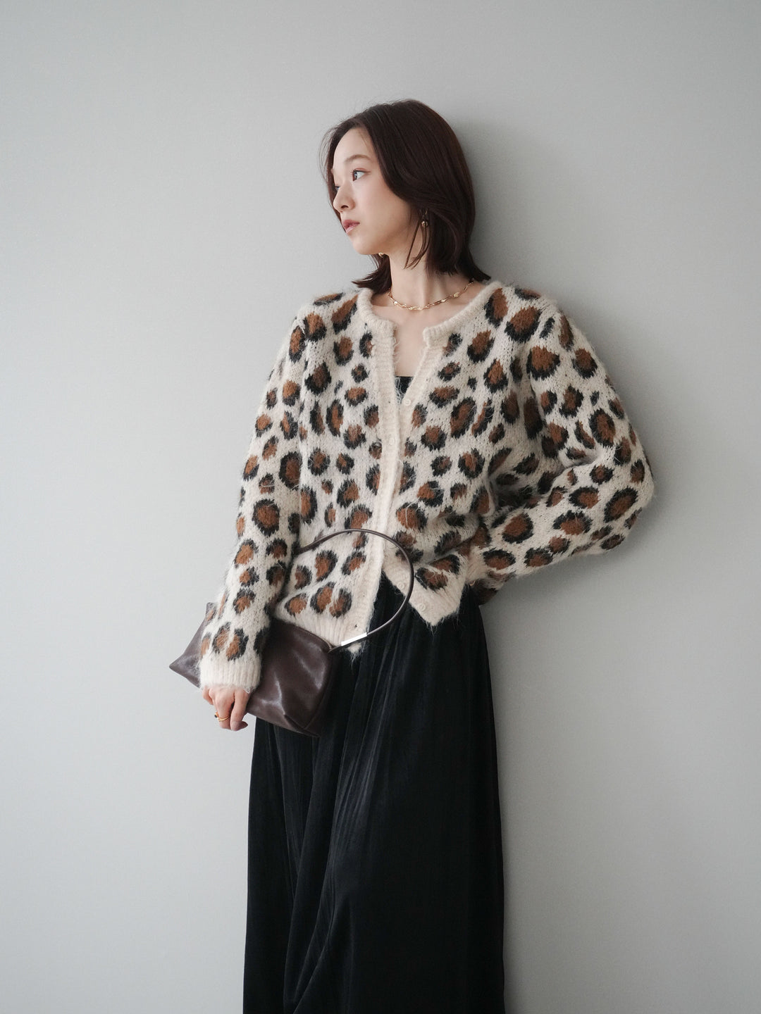 [SET]モヘアタッチレオパード柄ニットカーディガン+ワッシャーベロアプリーツスカート(2set)