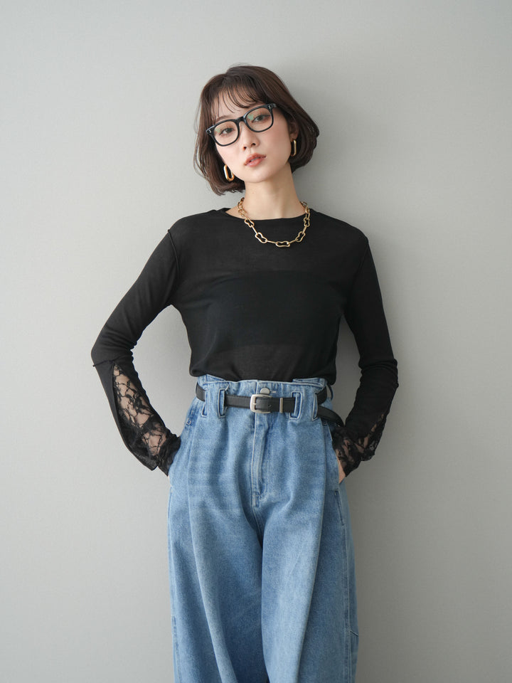 [SET]袖レースレイヤードデザインメロートップス+ハイウエストベルトループデザインデニムパンツ(2set)