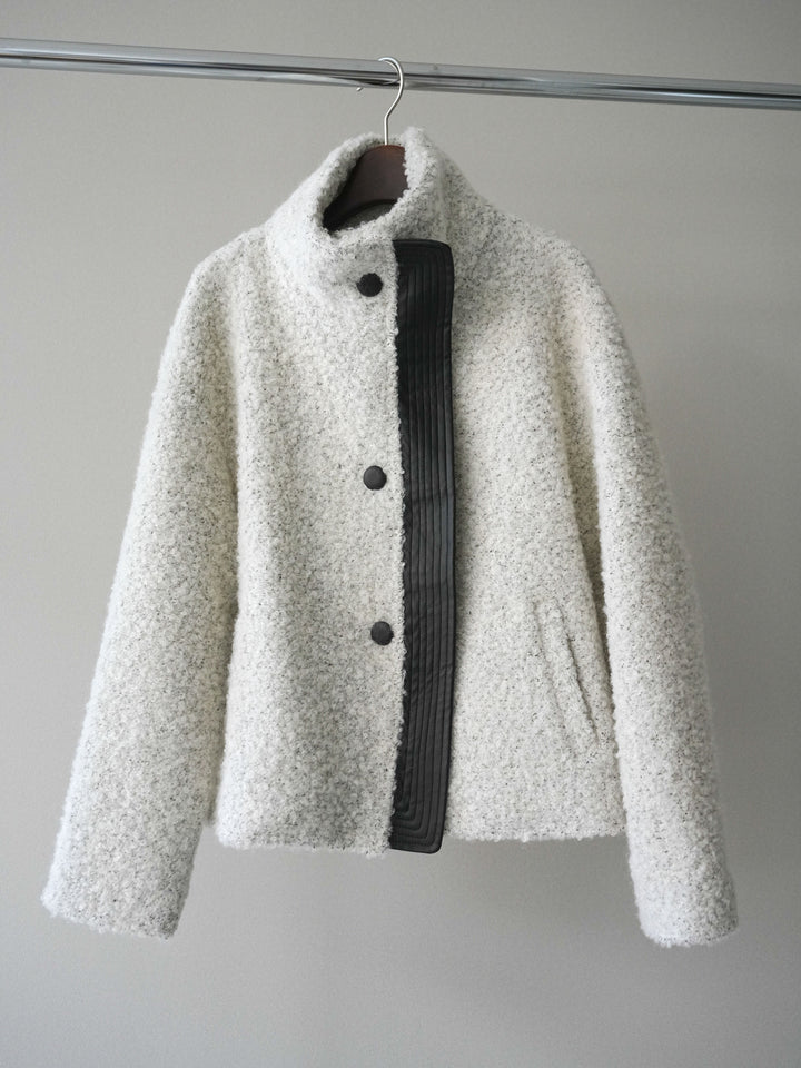 [SET]レザー切替ブークレブルゾン+袖ボタンボトルネックリブニットトップス+裾レーススウェードプリーツマキシスカート(3set)