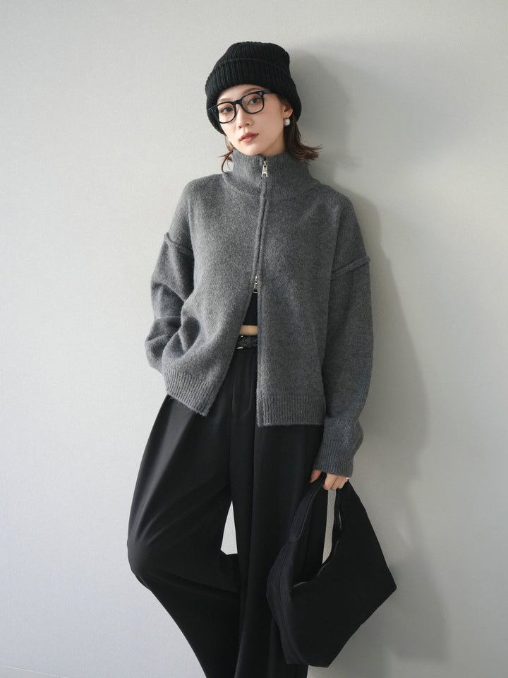 [SET]スタンドネックダブルZIPニットカーディガン+ベルトループデザインワイドパンツ(2set)
