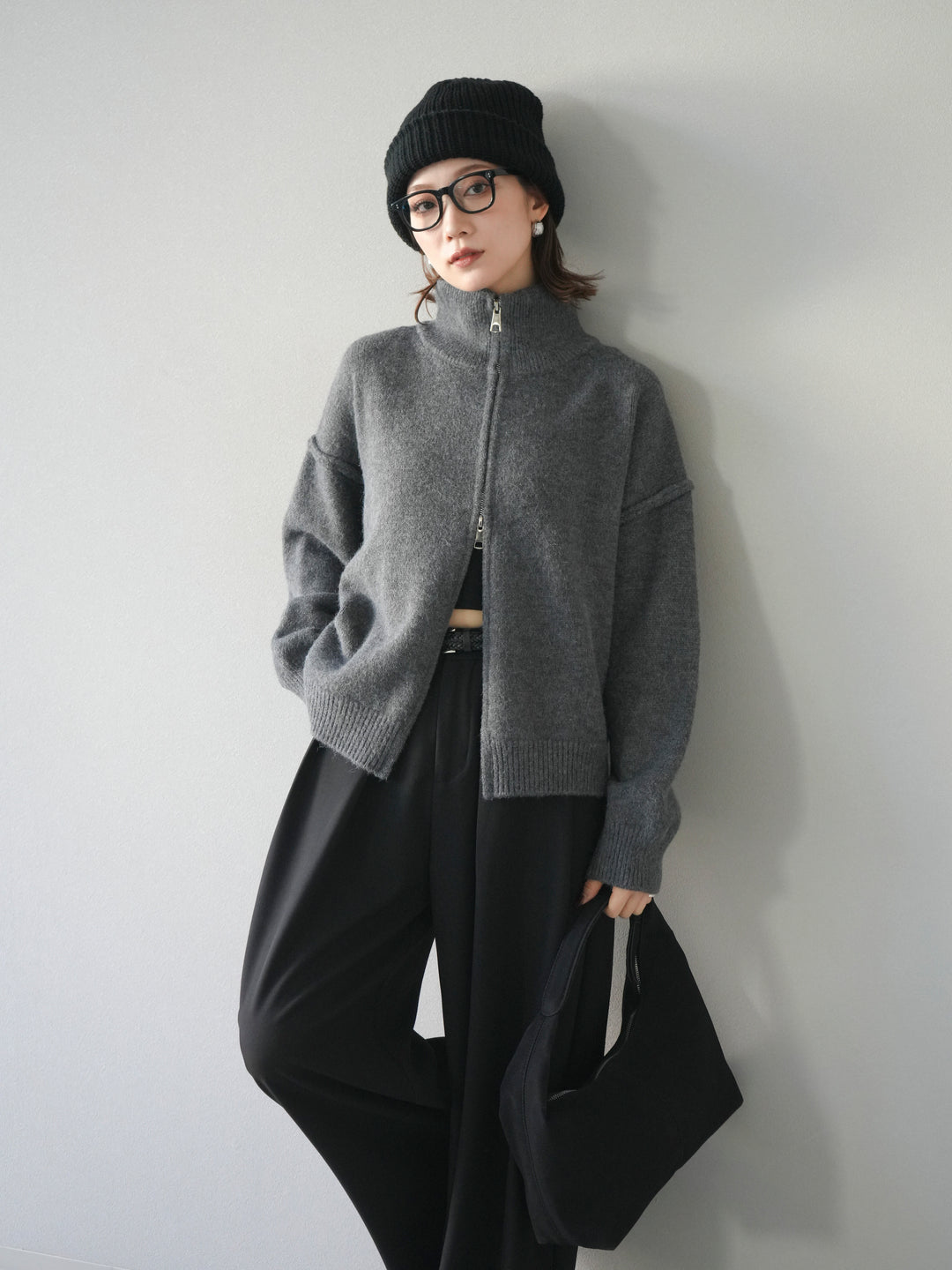 [予約]スタンドネックダブルZIPニットカーディガン/darkgray