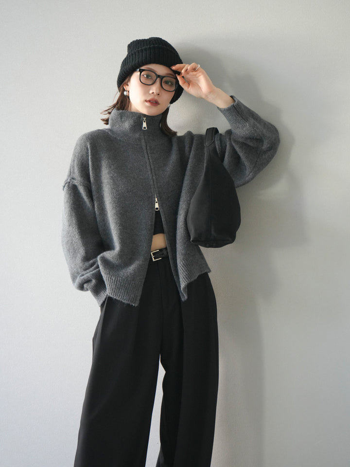 [SET]スタンドネックダブルZIPニットカーディガン+ベルトループデザインワイドパンツ(2set)