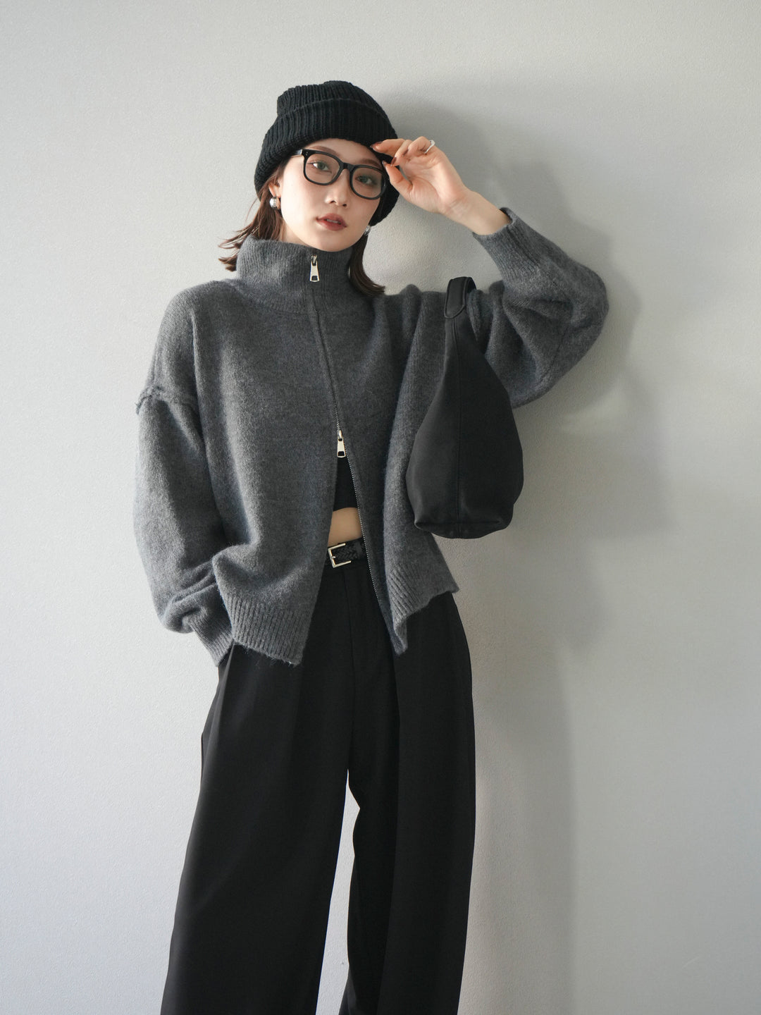 [予約]スタンドネックダブルZIPニットカーディガン/darkgray