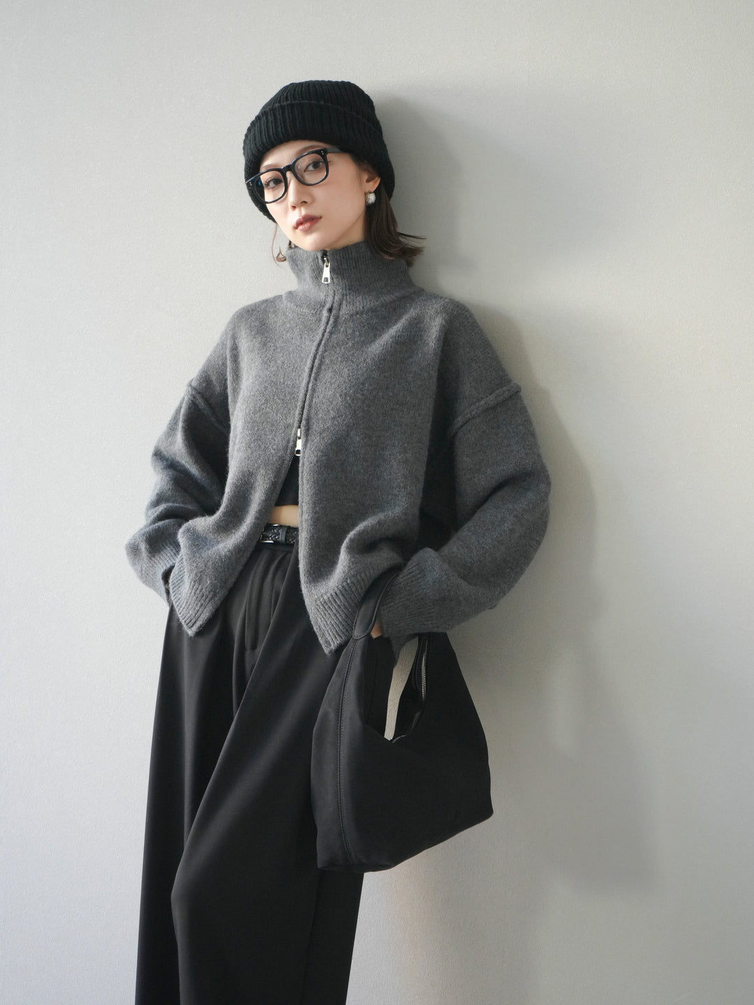 [予約]スタンドネックダブルZIPニットカーディガン/darkgray