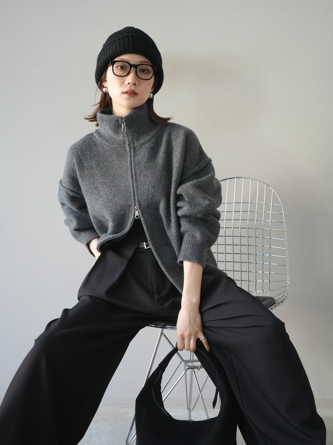 [SET]スタンドネックダブルZIPニットカーディガン+ベルトループデザインワイドパンツ(2set)