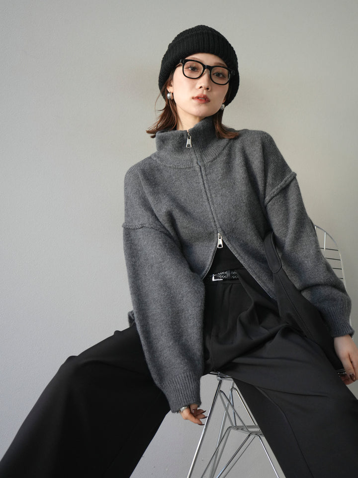 [SET]スタンドネックダブルZIPニットカーディガン+ベルトループデザインワイドパンツ(2set)