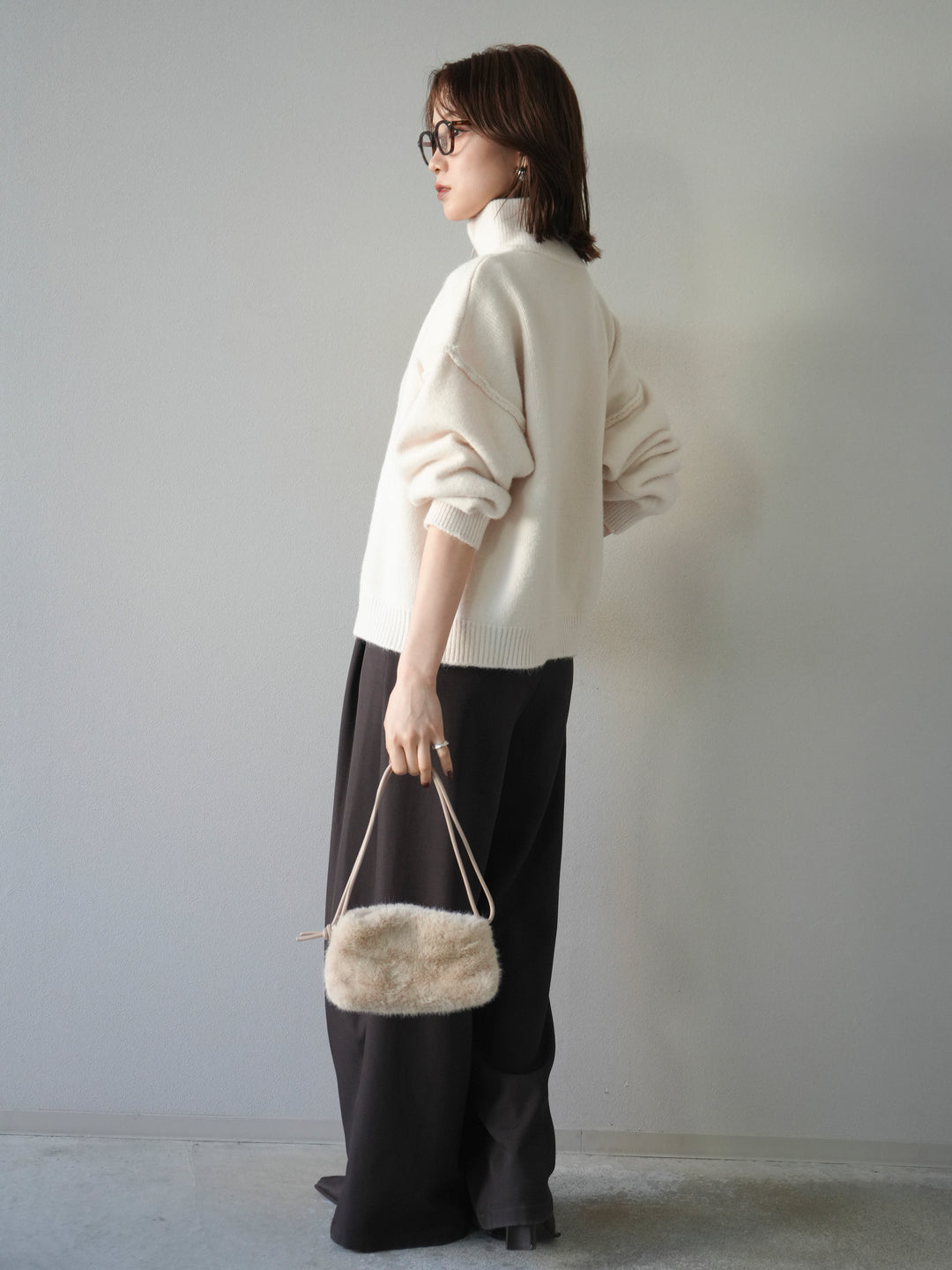 [SET]スタンドネックダブルZIPニットカーディガン+ベルトループデザインワイドパンツ(2set)