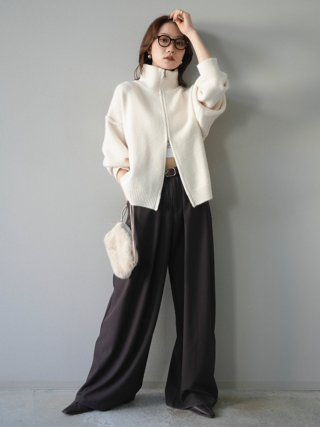 [SET]スタンドネックダブルZIPニットカーディガン+ベルトループデザインワイドパンツ(2set)