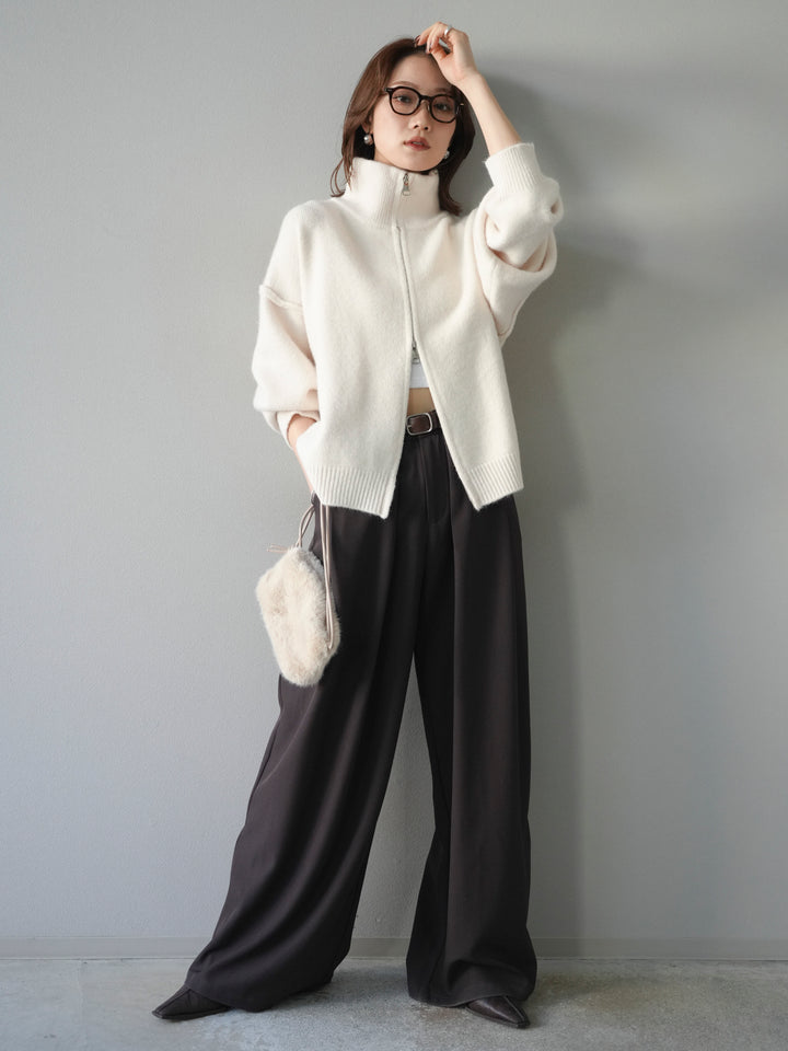 [SET]スタンドネックダブルZIPニットカーディガン+ベルトループデザインワイドパンツ(2set)
