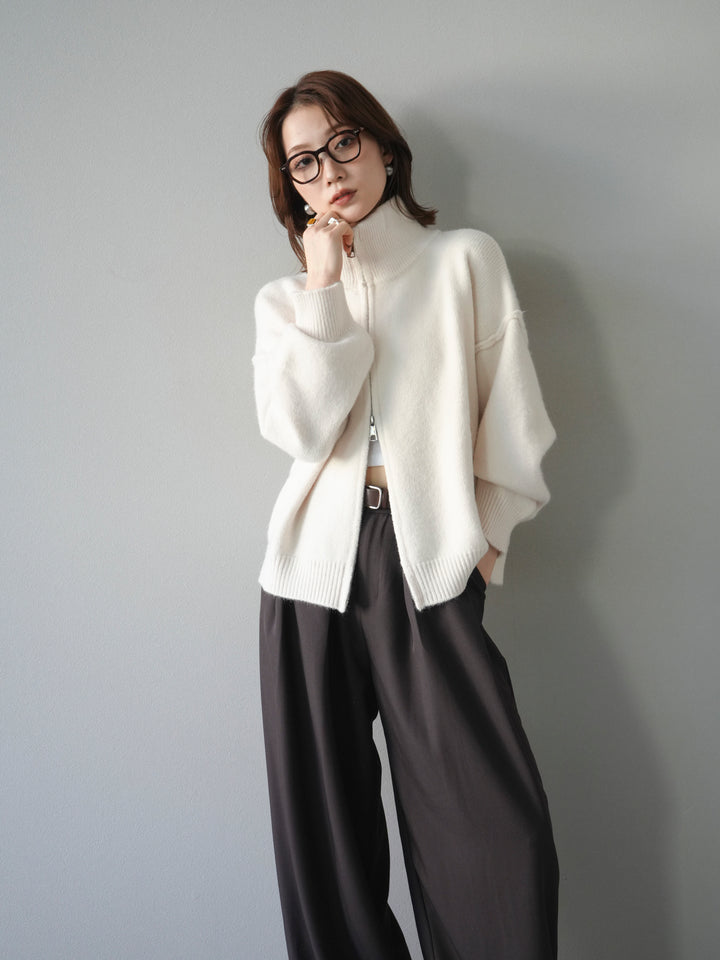 [SET]スタンドネックダブルZIPニットカーディガン+ベルトループデザインワイドパンツ(2set)