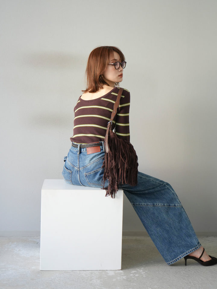 【SET】後開條紋毛圈羅紋上衣+畫家曲線牛仔褲（2件組）