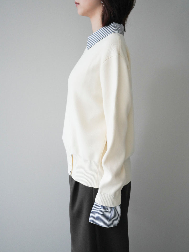 [予約]シャツドッキングデザイン裾ボタンニットプルオーバー/beige