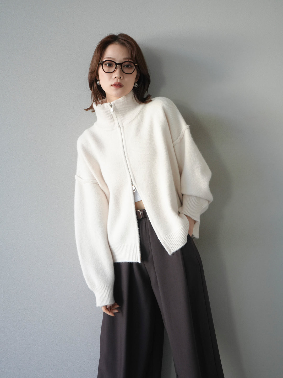 [SET]スタンドネックダブルZIPニットカーディガン+ベルトループデザインワイドパンツ(2set)