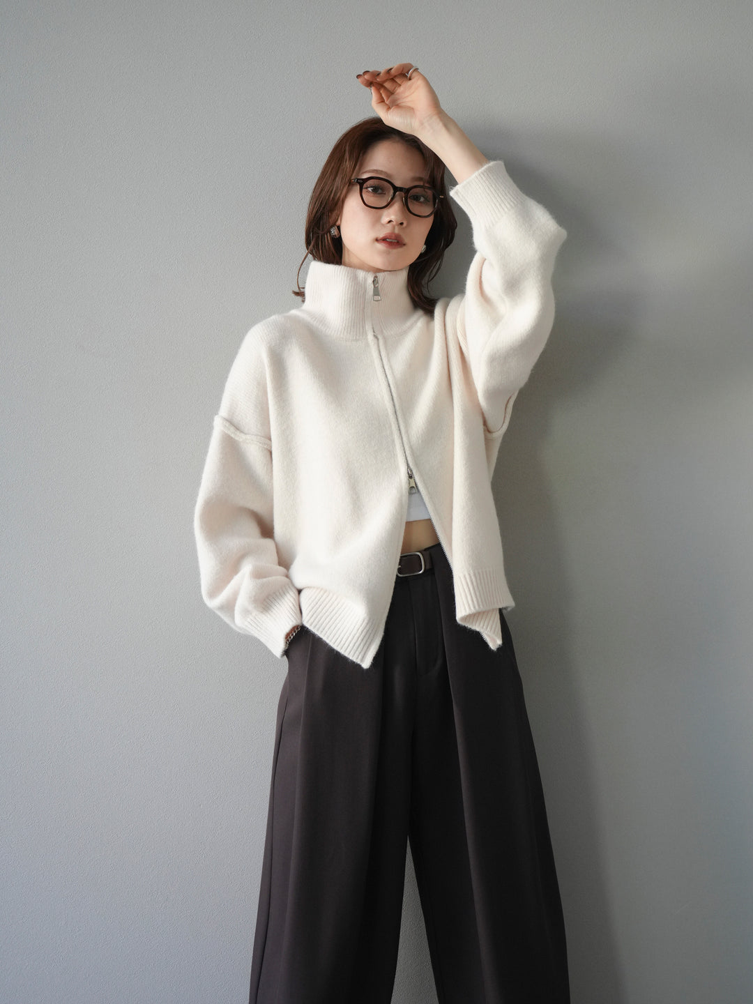 [SET]スタンドネックダブルZIPニットカーディガン+ベルトループデザインワイドパンツ(2set)