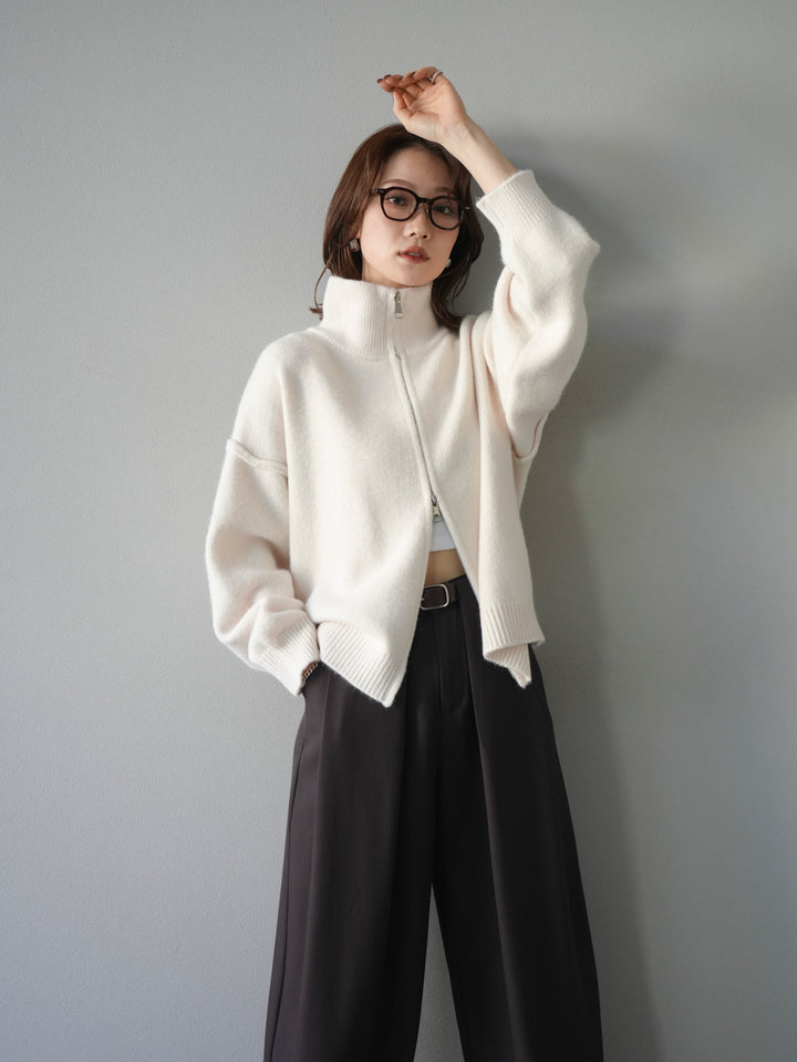 [SET]スタンドネックダブルZIPニットカーディガン+ベルトループデザインワイドパンツ(2set)