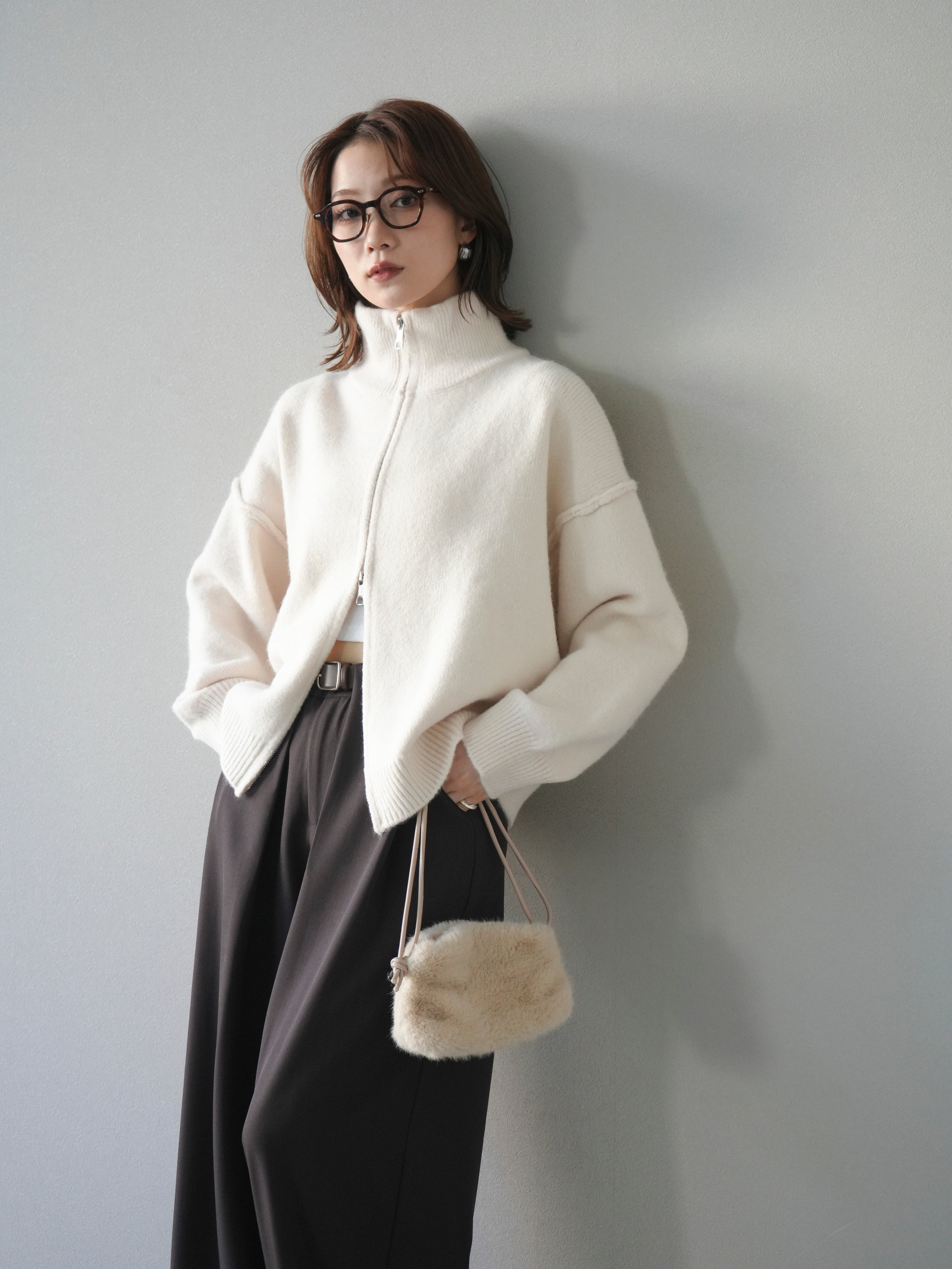 予約]スタンドネックダブルZIPニットカーディガン/ivory – Lumier
