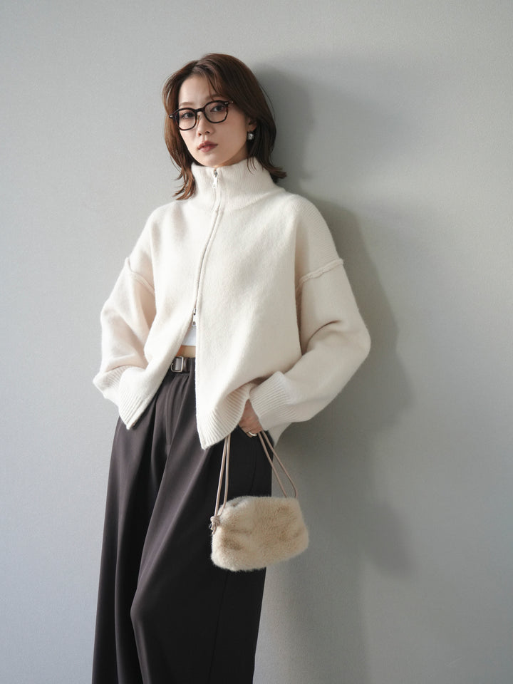 [予約]スタンドネックダブルZIPニットカーディガン/ivory