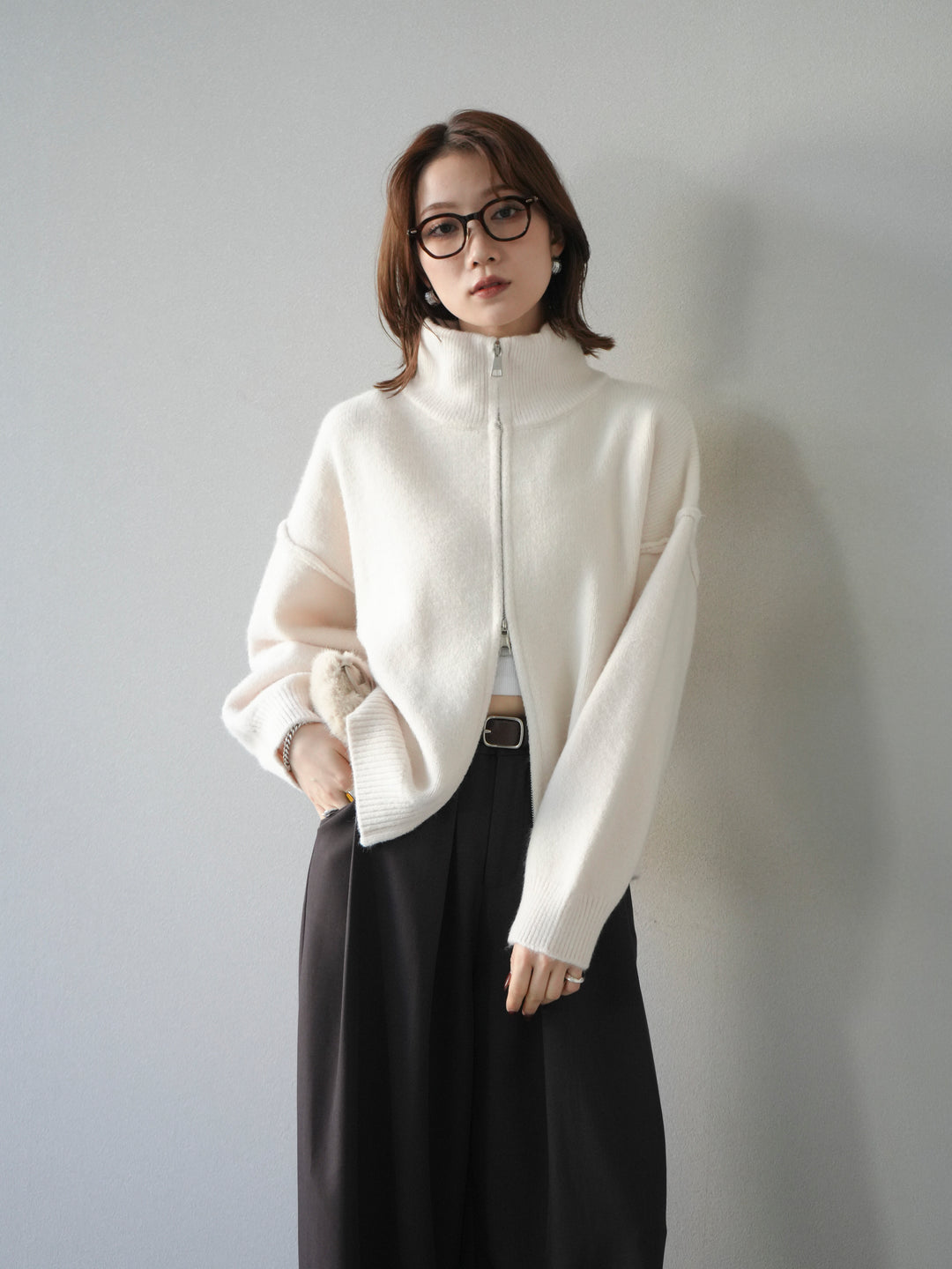 [予約]スタンドネックダブルZIPニットカーディガン/ivory