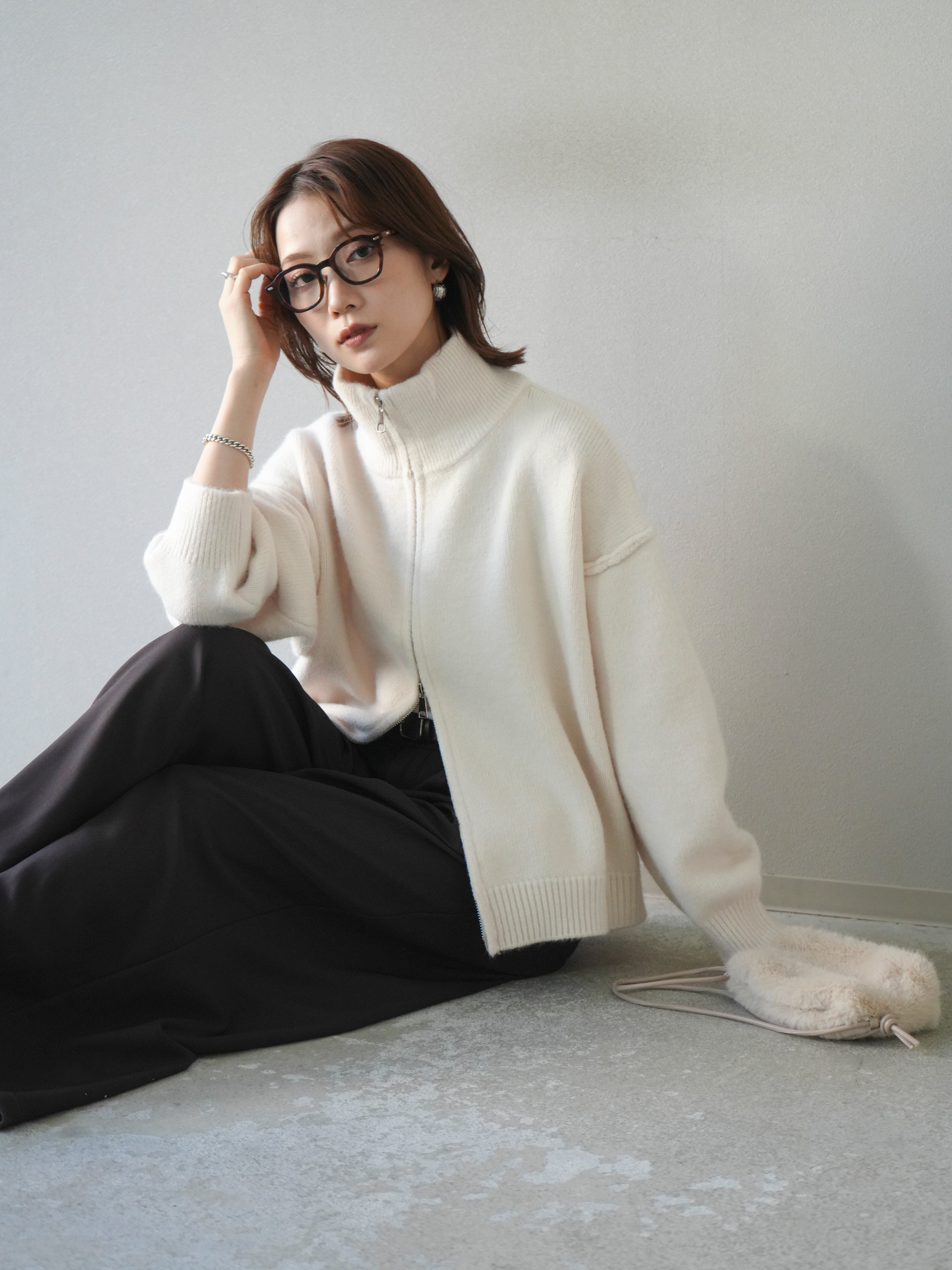 SET]スタンドネックダブルZIPニットカーディガン+ベルトループデザイン