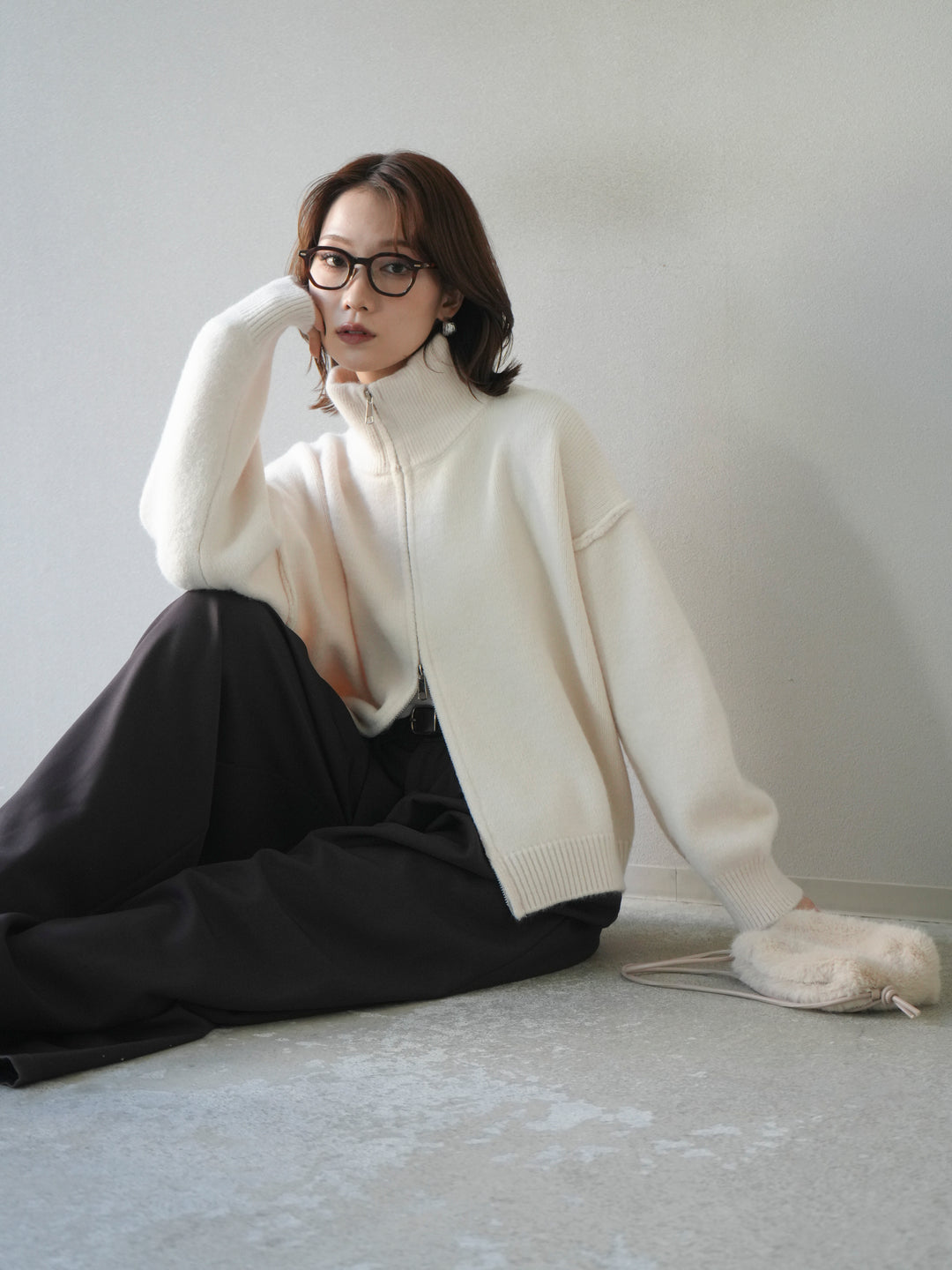 [SET]スタンドネックダブルZIPニットカーディガン+ベルトループデザインワイドパンツ(2set)