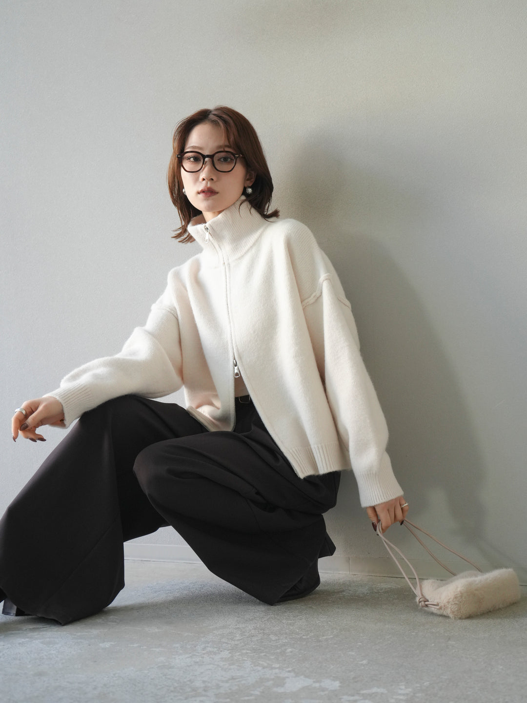 [予約]スタンドネックダブルZIPニットカーディガン/ivory