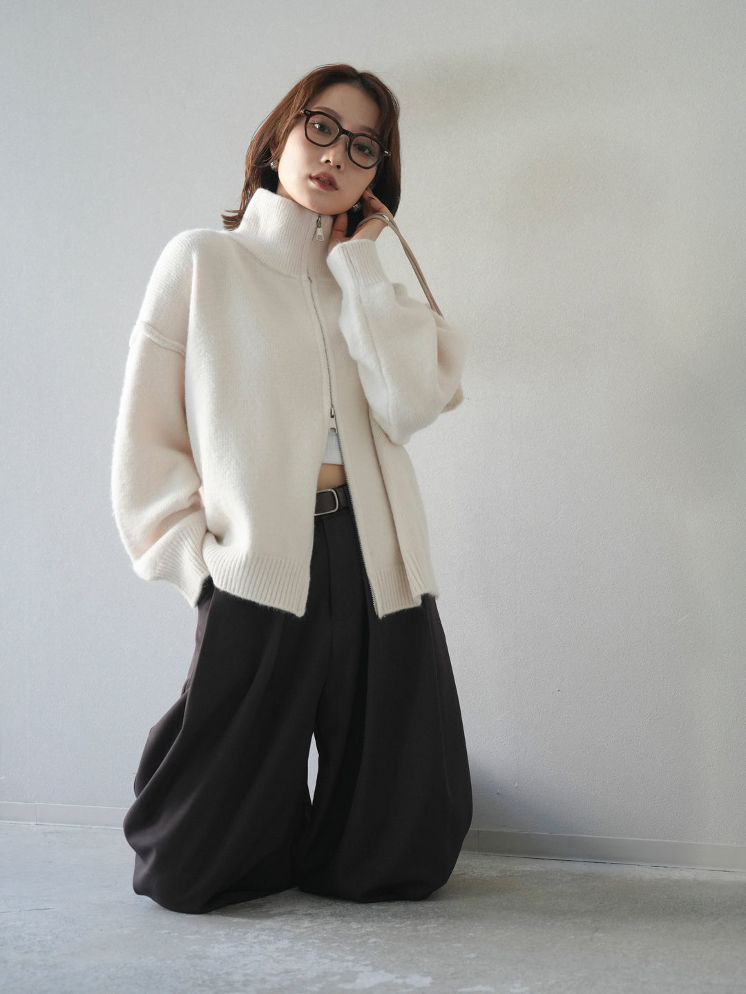 [予約]スタンドネックダブルZIPニットカーディガン/ivory