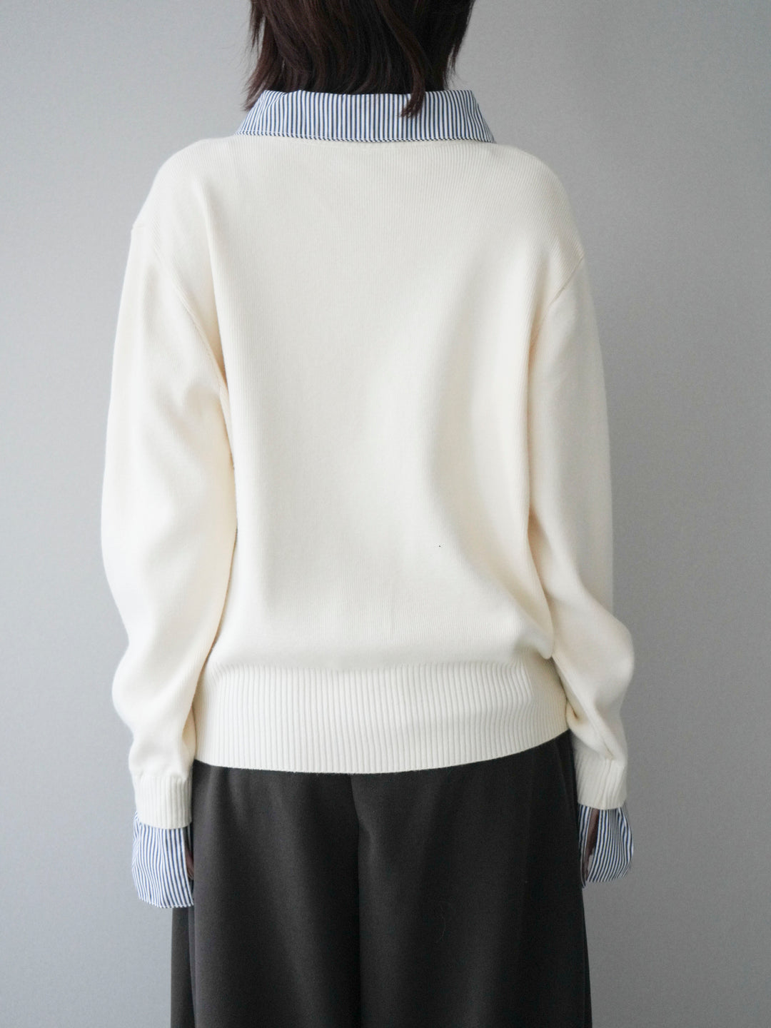 [予約]シャツドッキングデザイン裾ボタンニットプルオーバー/beige