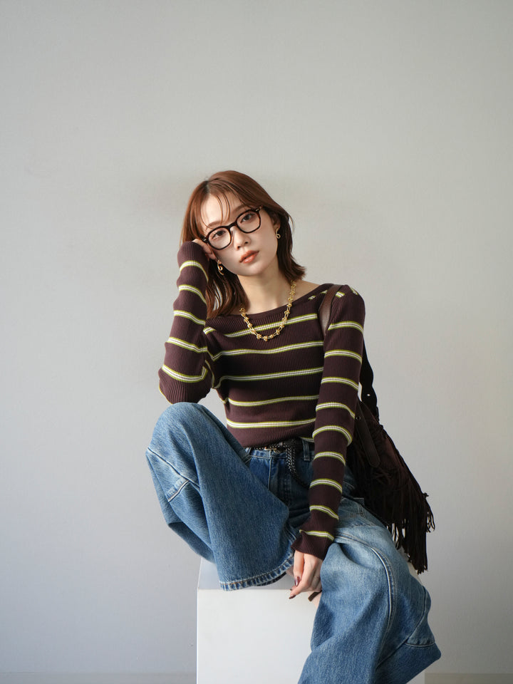 【SET】後開條紋毛圈羅紋上衣+畫家曲線牛仔褲（2件組）