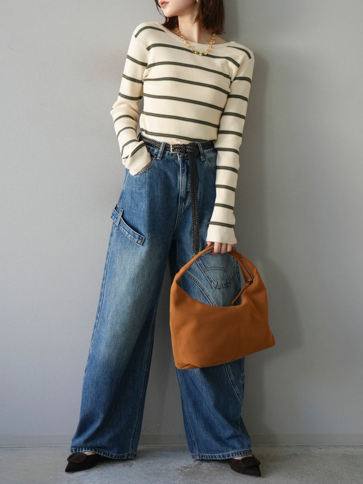【SET】後開條紋毛圈羅紋上衣+畫家曲線牛仔褲（2件組）