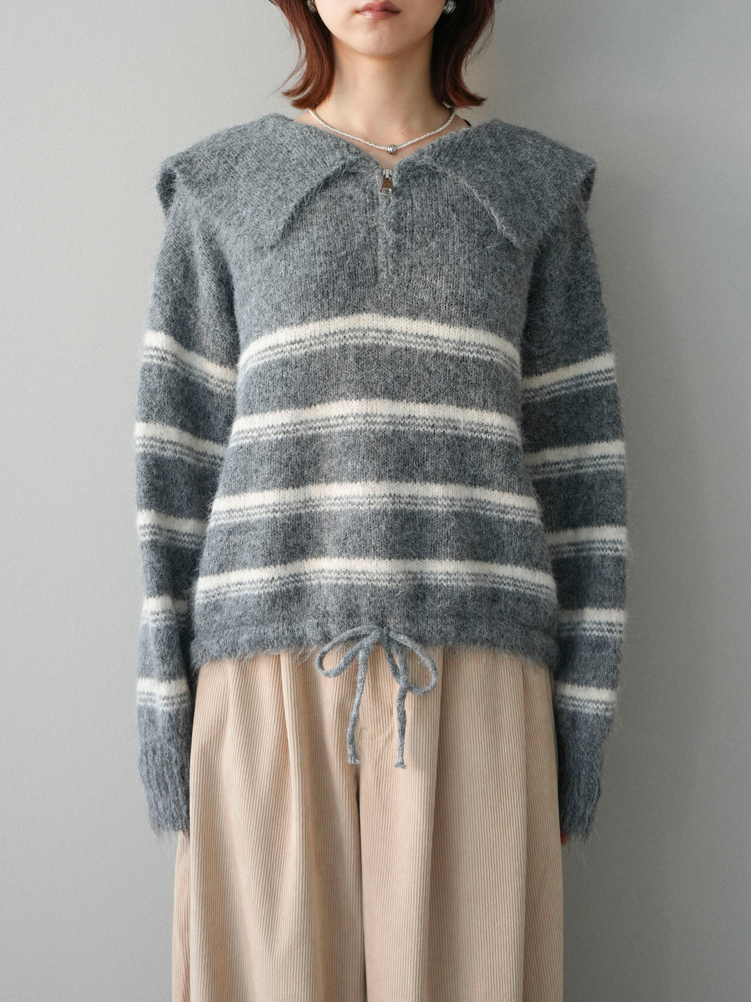 [予約]ハーフジップボーダーニットプルオーバー/gray