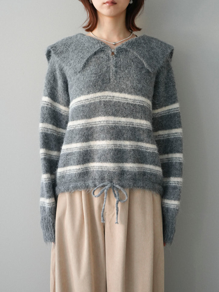 [予約]ハーフジップボーダーニットプルオーバー/gray