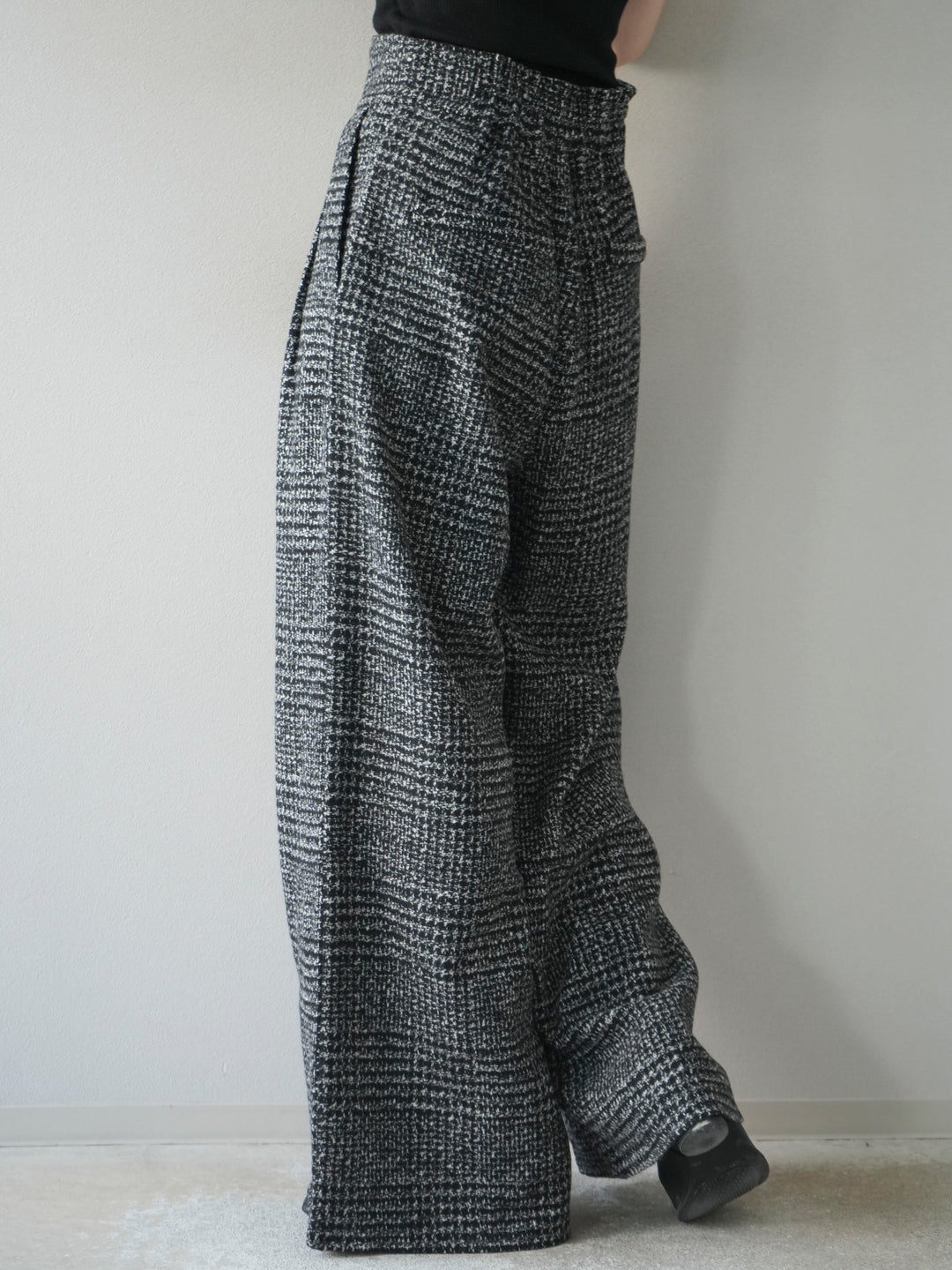 [予約]フロントジップミックスツイードワイドパンツ/ black