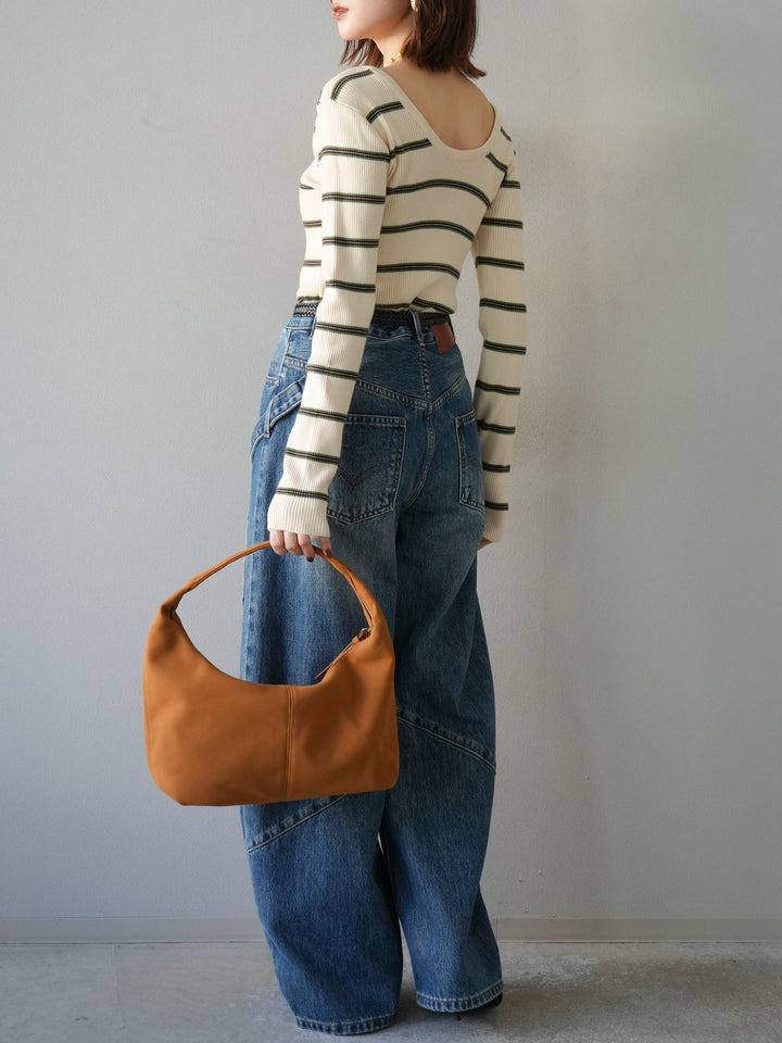 【SET】後開條紋毛圈羅紋上衣+畫家曲線牛仔褲（2件組）