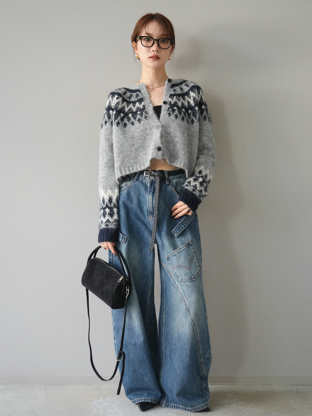 [SET]求心柄クロップドニットカーディガン+ペインターカーブデニムパンツ(2set)