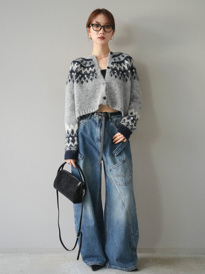 [SET]求心柄クロップドニットカーディガン+ペインターカーブデニムパンツ(2set)