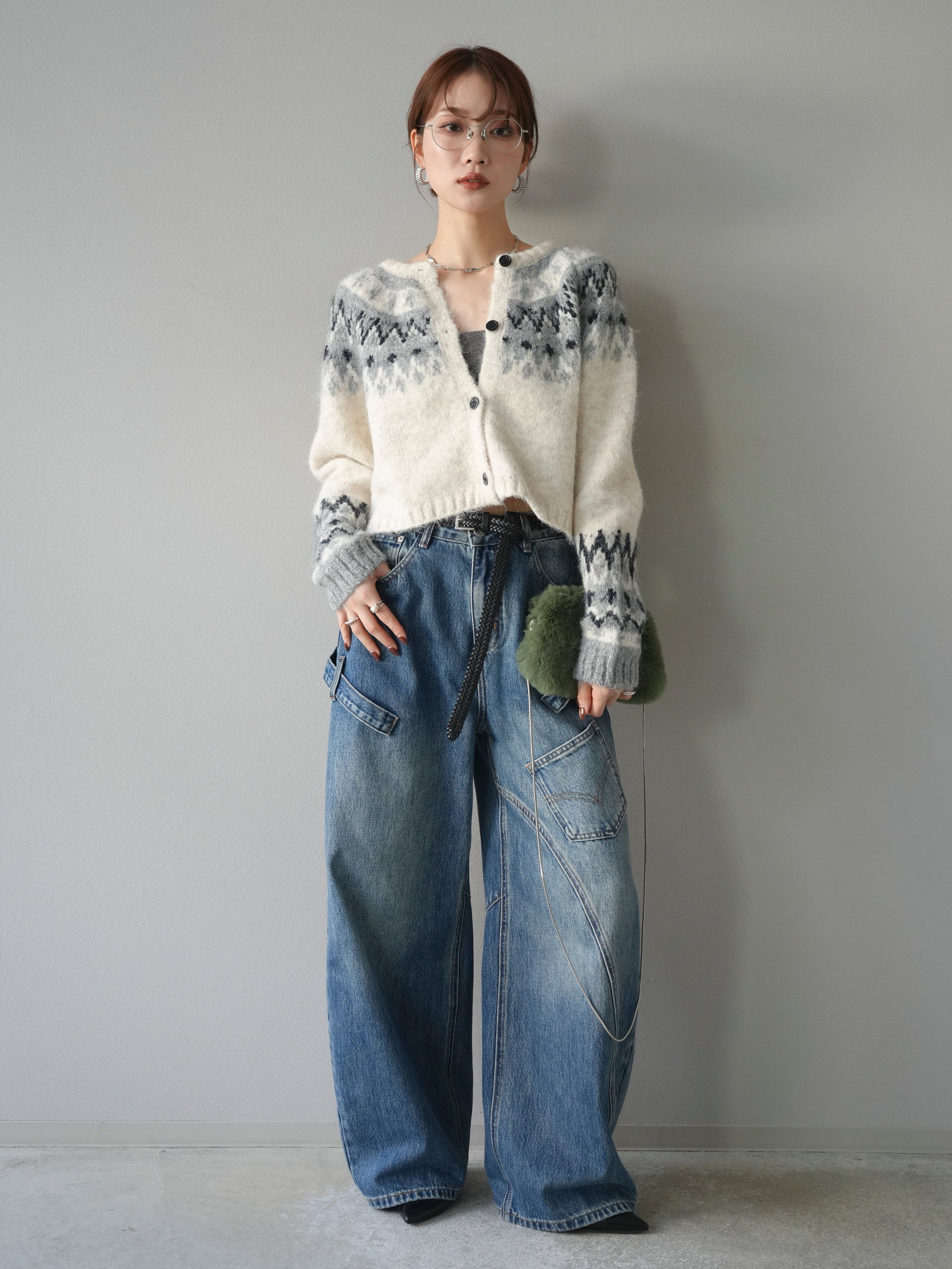 SET]求心柄クロップドニットカーディガン+ペインターカーブデニム