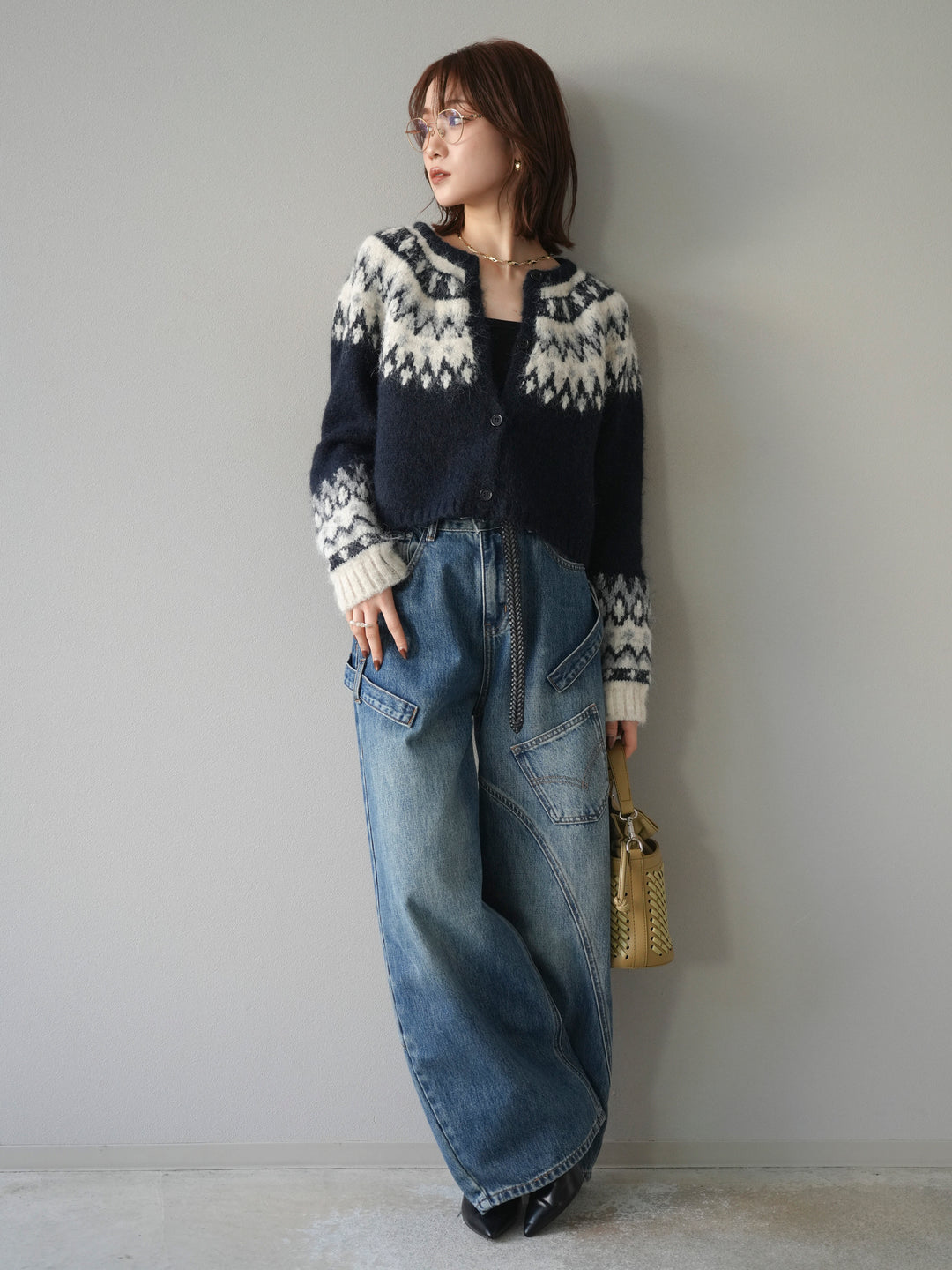 [SET]求心柄クロップドニットカーディガン+ペインターカーブデニムパンツ(2set)