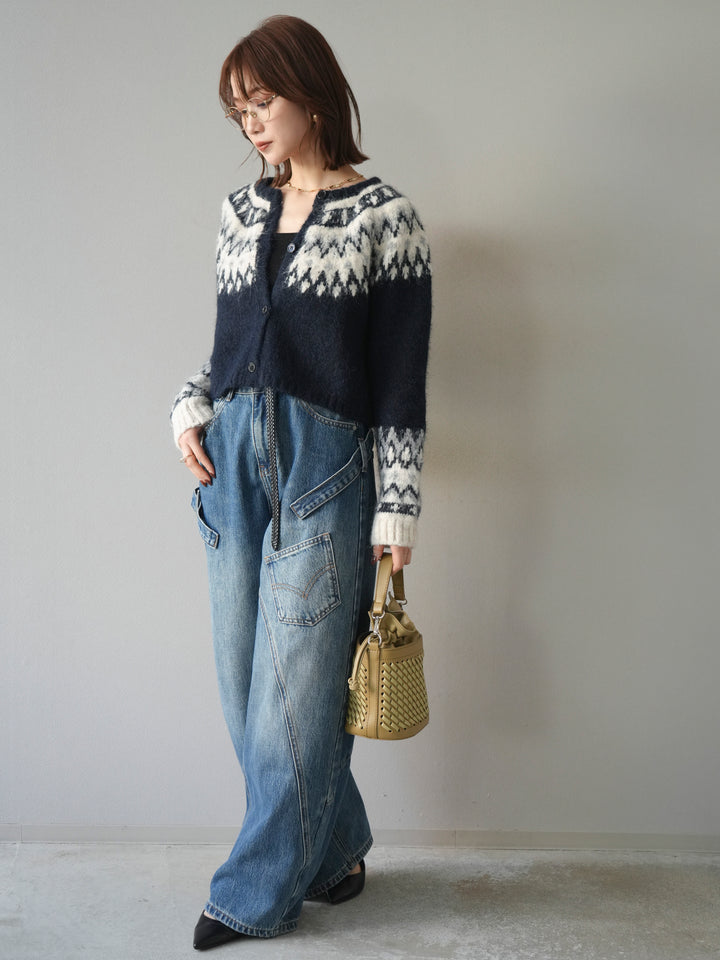 [SET]求心柄クロップドニットカーディガン+ペインターカーブデニムパンツ(2set)