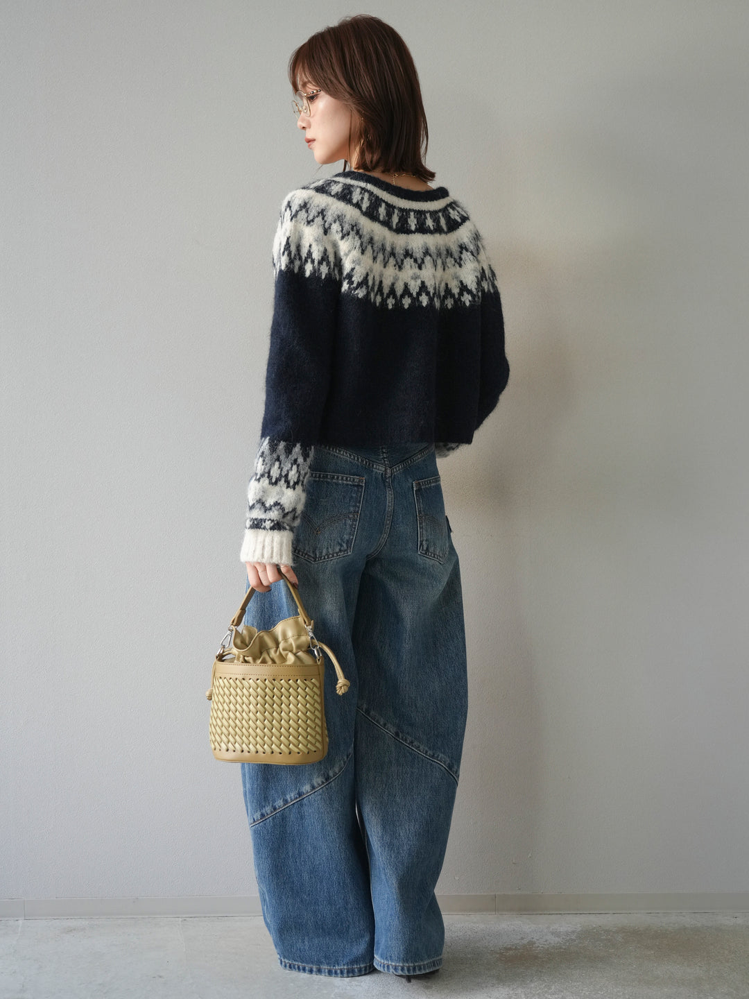 [SET]求心柄クロップドニットカーディガン+ペインターカーブデニムパンツ(2set)