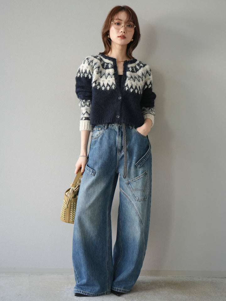 [SET]求心柄クロップドニットカーディガン+ペインターカーブデニムパンツ(2set)