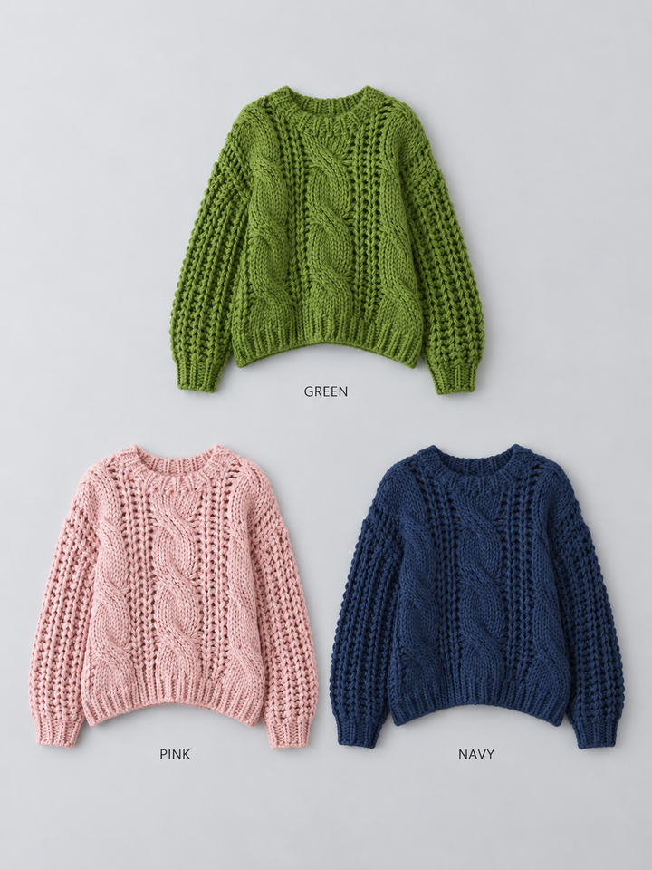[SET]ボリュームケーブルニットプルオーバー+ツイルタックワイドパンツ(2set)