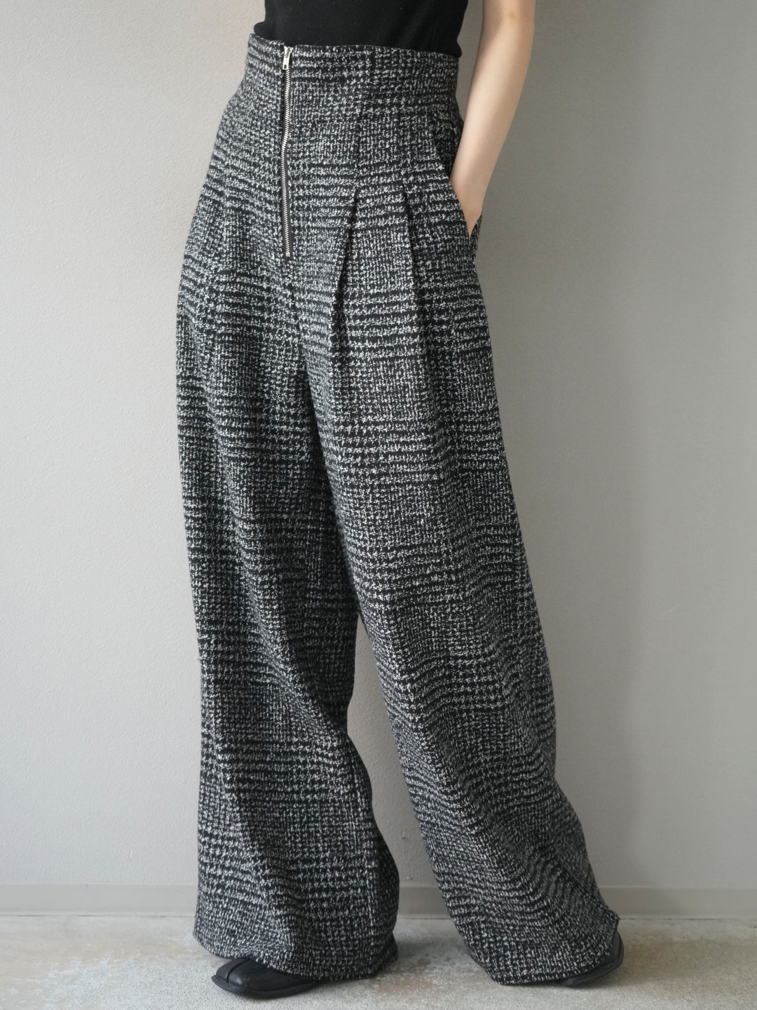 [予約]フロントジップミックスツイードワイドパンツ/ black
