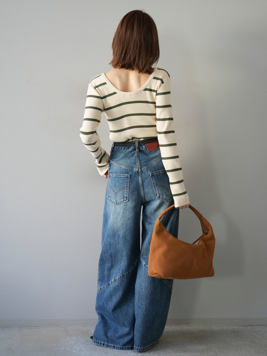 【SET】後開條紋毛圈羅紋上衣+畫家曲線牛仔褲（2件組）