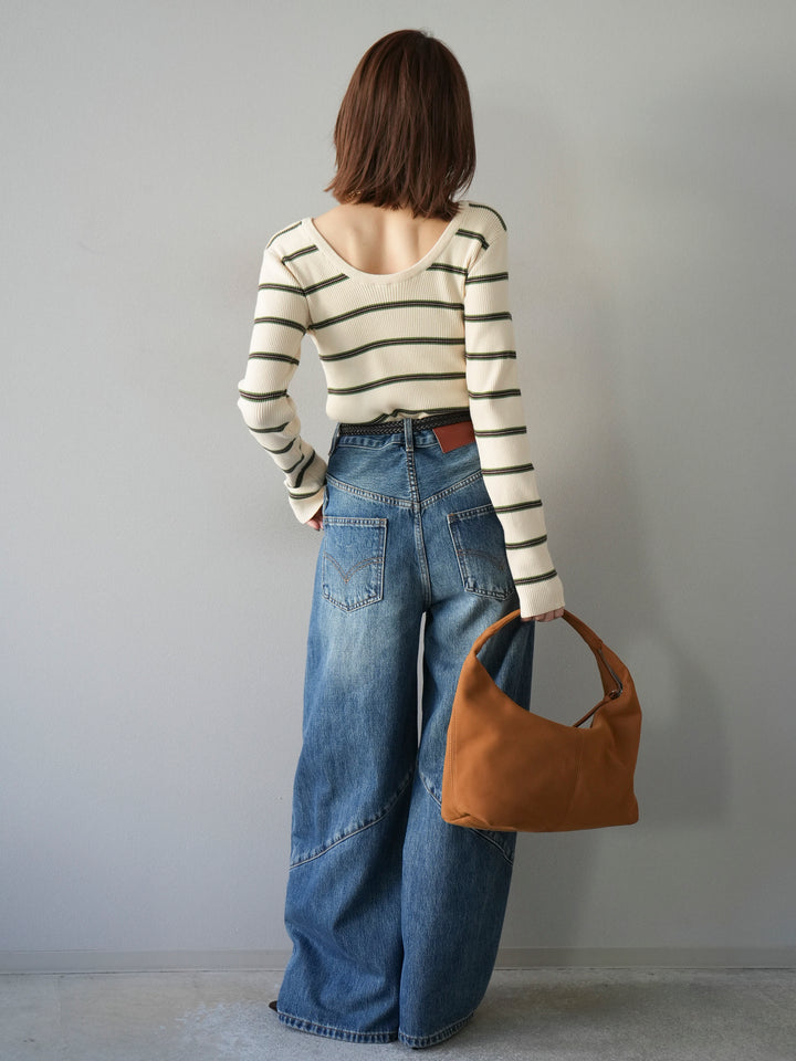 【SET】後開條紋毛圈羅紋上衣+畫家曲線牛仔褲（2件組）