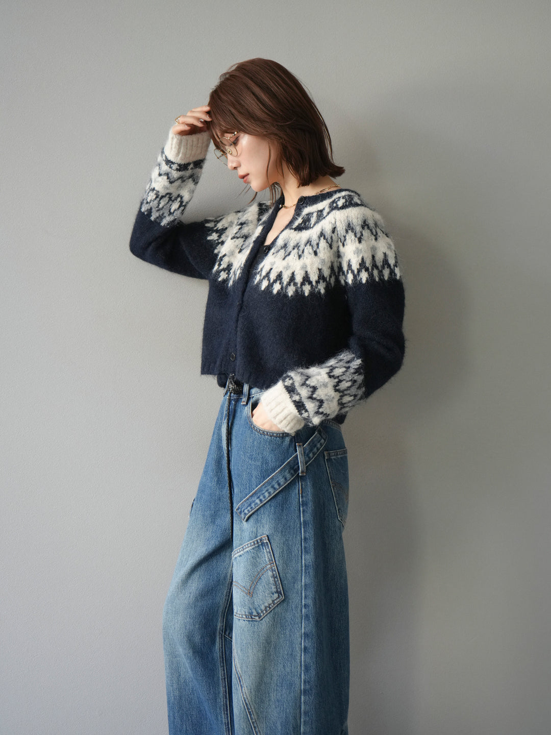 [SET]求心柄クロップドニットカーディガン+ペインターカーブデニムパンツ(2set)