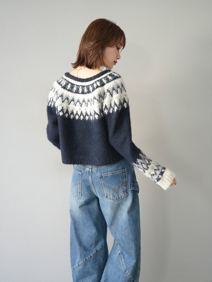 [予約]求心柄クロップドニットカーディガン/navy