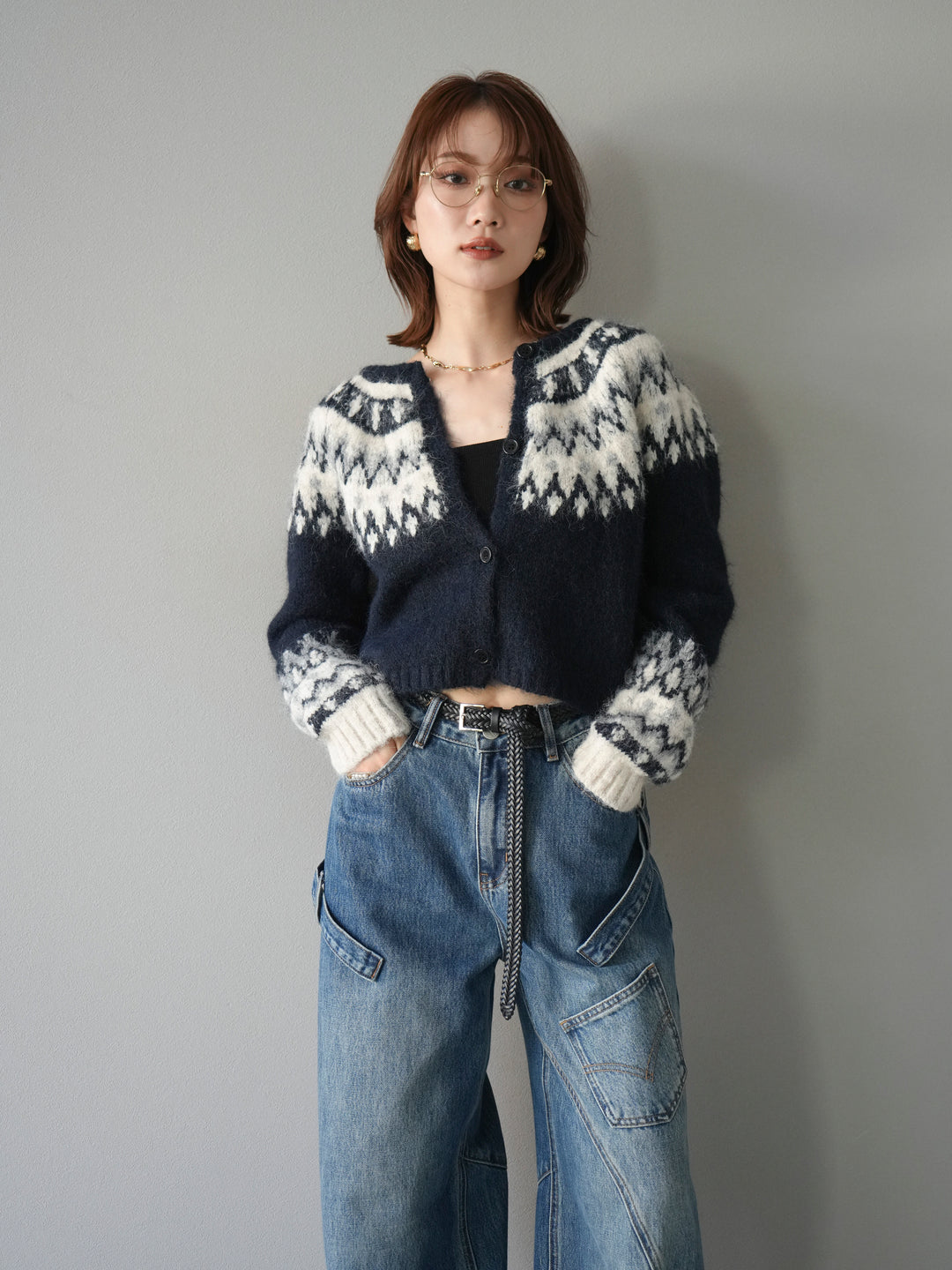 [予約]求心柄クロップドニットカーディガン/navy