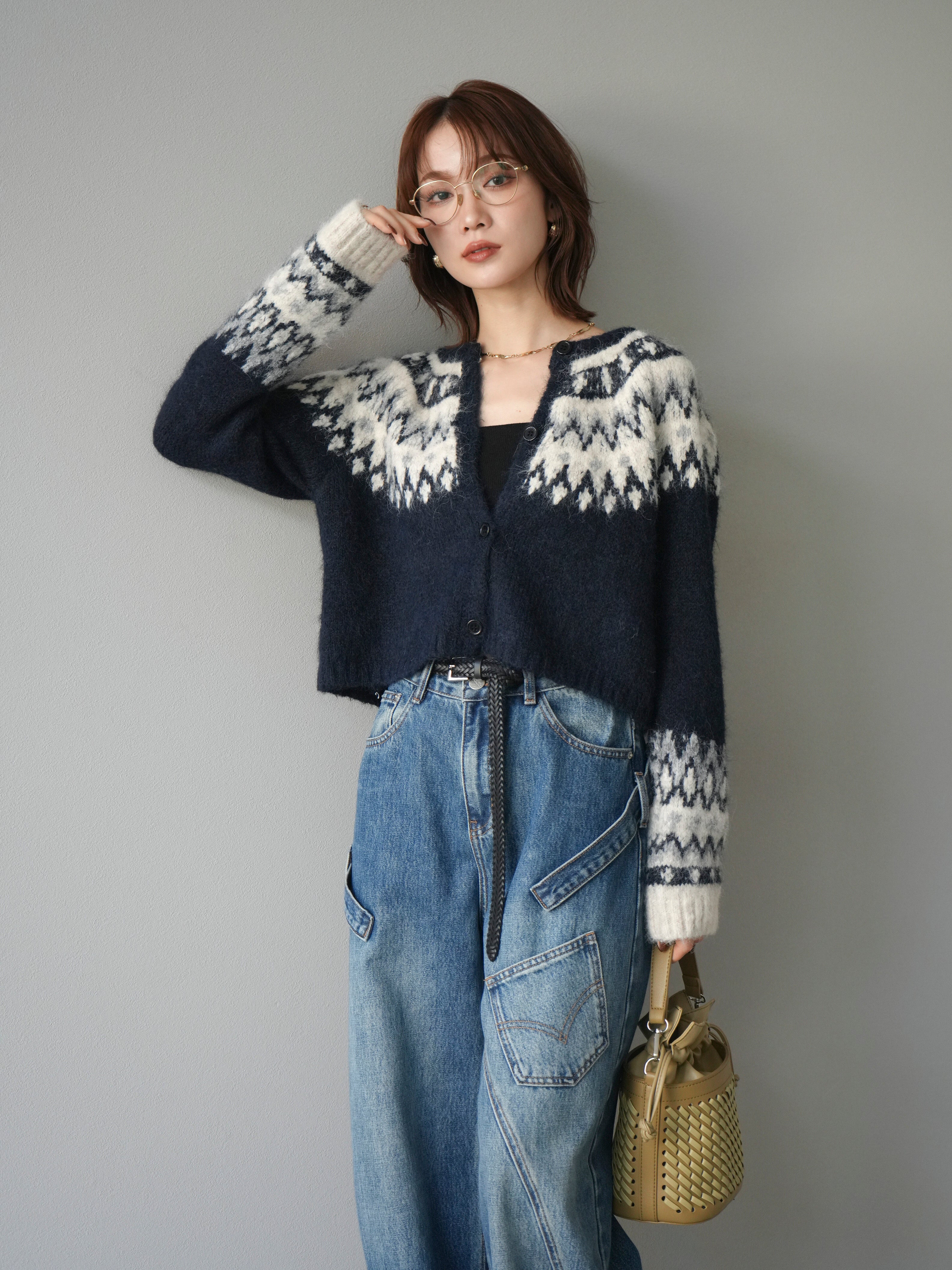 SET]求心柄クロップドニットカーディガン+ペインターカーブデニム